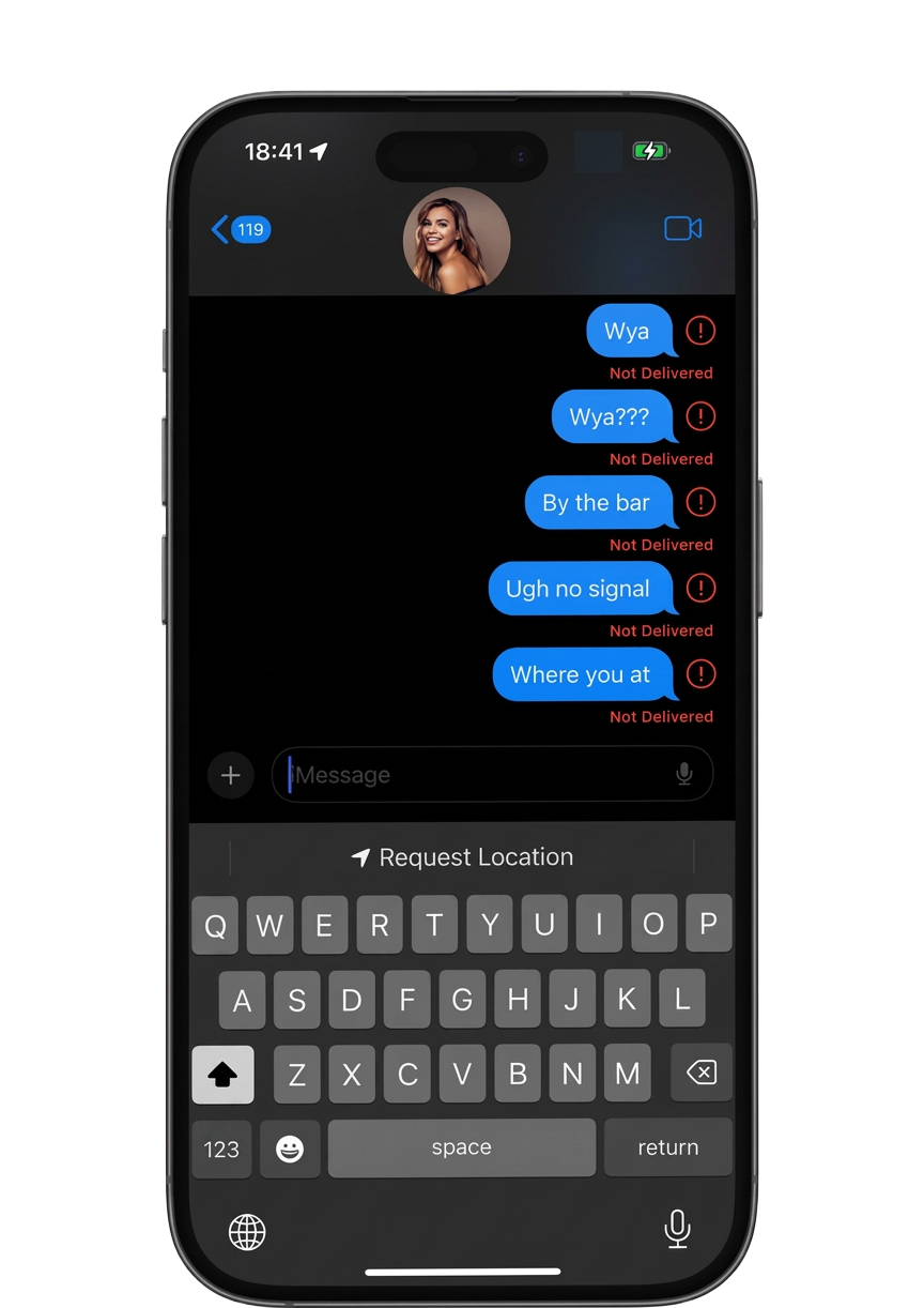 iPhone screenshot of undelivered 'Wya' messages in a packed venue